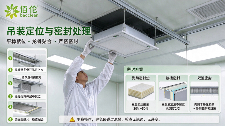 FFU吊装与密封：就位定位、密封垫、液槽密封、双道密封
