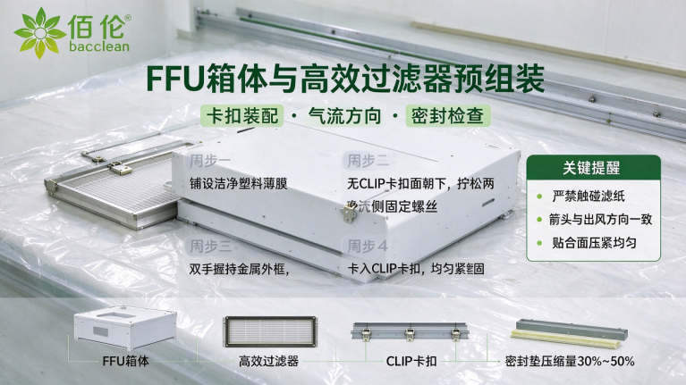 FFU预组装：FFU 箱体与高效过滤器、CLIP 卡扣、气流方向