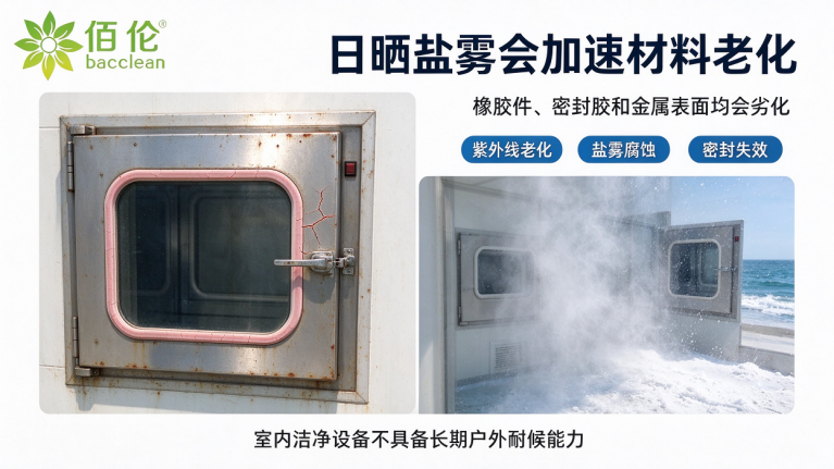 传递窗暴晒盐雾老化场景：展示密封条开裂、金属腐蚀和气密失效风险