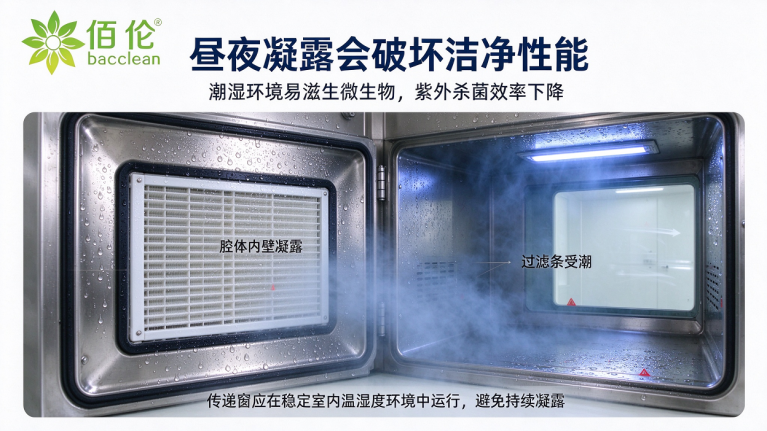 昼夜温差凝露场景：说明凝露会滋生微生物并降低紫外杀菌效果