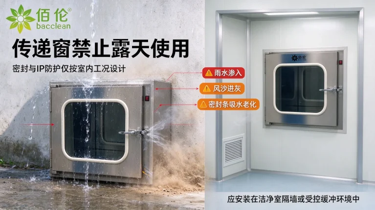 露天淋雨 vs 室内洁净室：突出禁止露天使用、密封与 IP 防护不足。